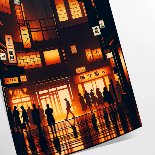 vibrant charm Japan city poster orange black hues wall art unique gift stunning artwork essence urban elegance unframed version captivating print today