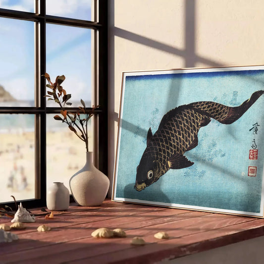 elegance vintage Japanese fish poster tranquil shades green blue captivating artwork perfect space thoughtful gift wall art collection various sizes A4 cm A0