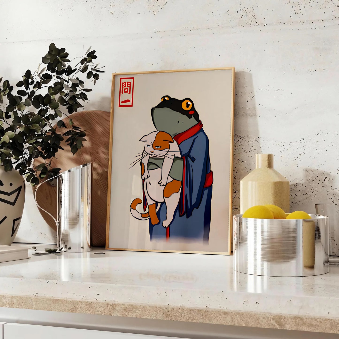 enchanting fusion frog cat motifs Matsumoto Hoji Japanese poster rich black brown hues perfect artwork wall art collection unique gift unframed versions