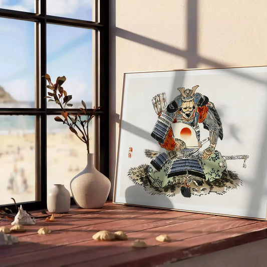 timeless art vintage Japanese soldier poster captivating blend green orange hues wall enthusiasts unique gift historic elegance space frame