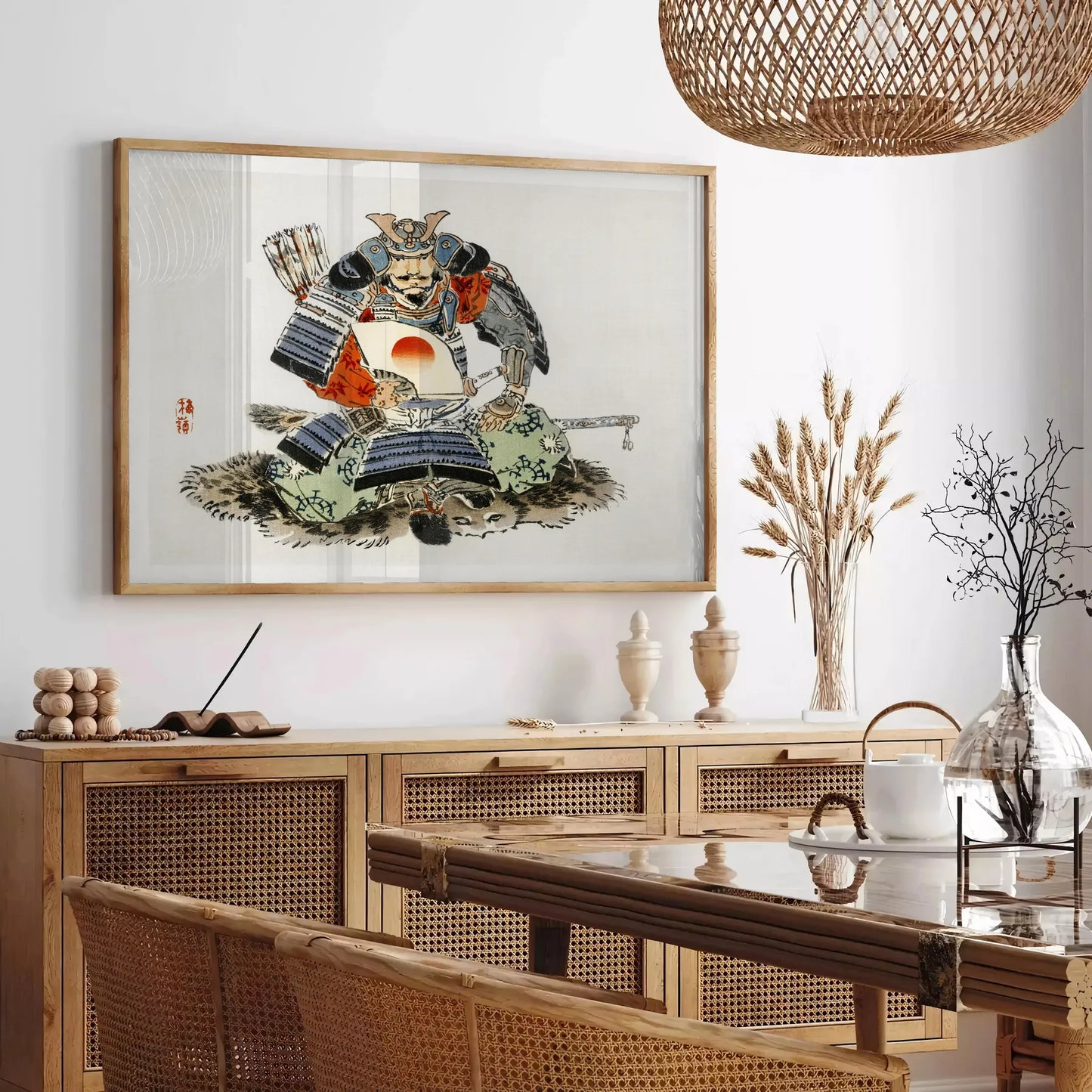 timeless art vintage Japanese soldier poster captivating blend green orange hues wall enthusiasts unique gift historic elegance space frame