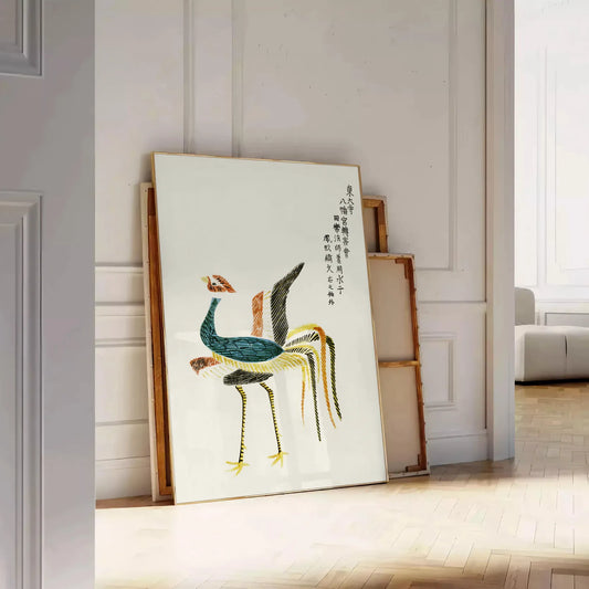 exquisite Vintage Japanese Bird Poster nature elegance vibrant yellow green hues charm space wall art unique gift framed frameless styles timeless addition decor