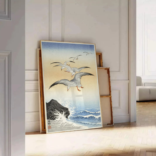 charm vintage bird Japanese poster green orange hues wall art thoughtful gift exquisite artwork touch elegance space unframed editions