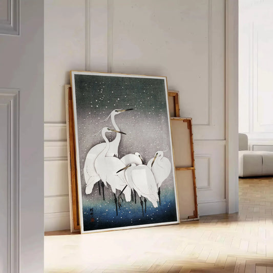 space captivating vintage bird poster Japanese art tranquil greens blues wall touch nature elegance indoors unique artwork thoughtful gift unframed options