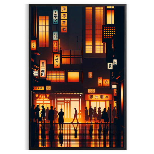 vibrant charm Japan city poster orange black hues wall art unique gift stunning artwork essence urban elegance unframed version captivating print today