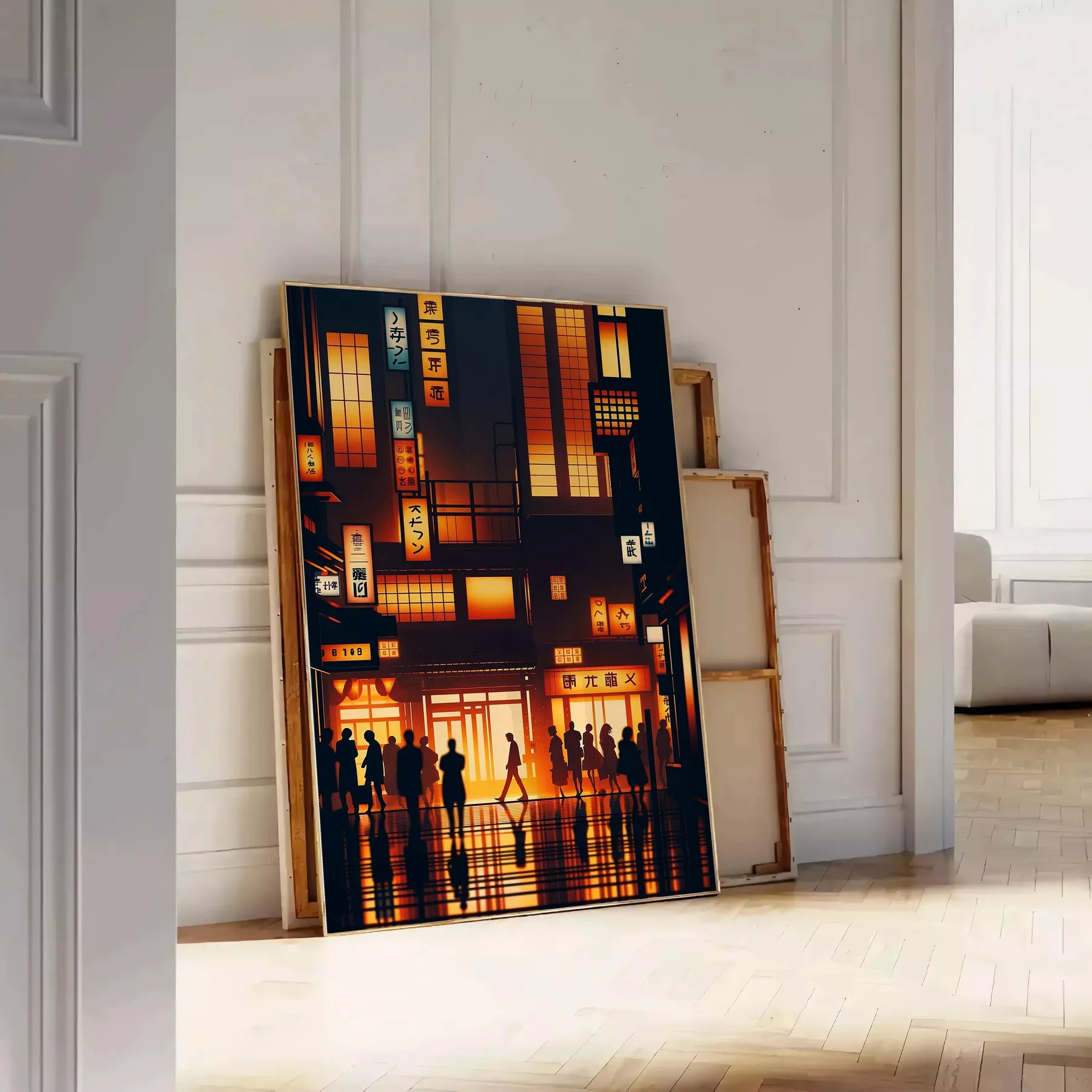 vibrant charm Japan city poster orange black hues wall art unique gift stunning artwork essence urban elegance unframed version captivating print today