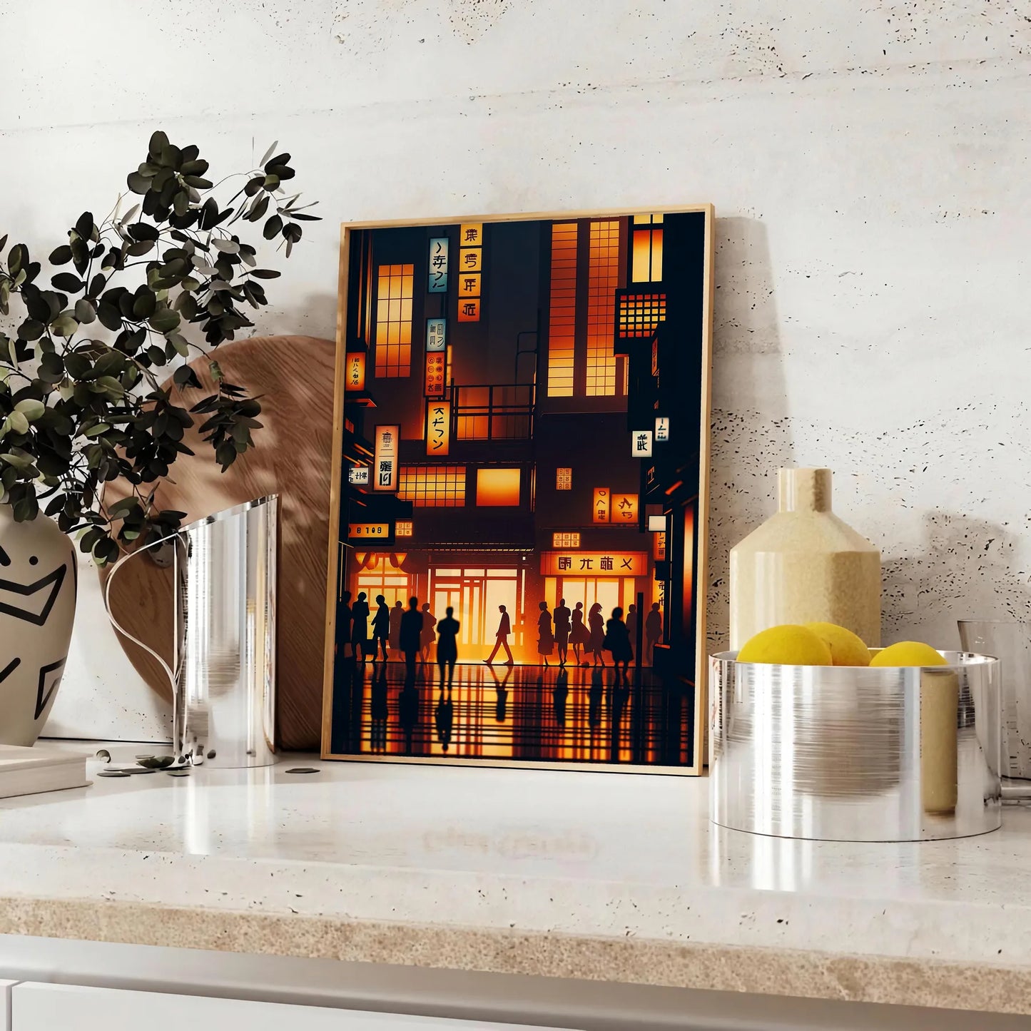 vibrant charm Japan city poster orange black hues wall art unique gift stunning artwork essence urban elegance unframed version captivating print today