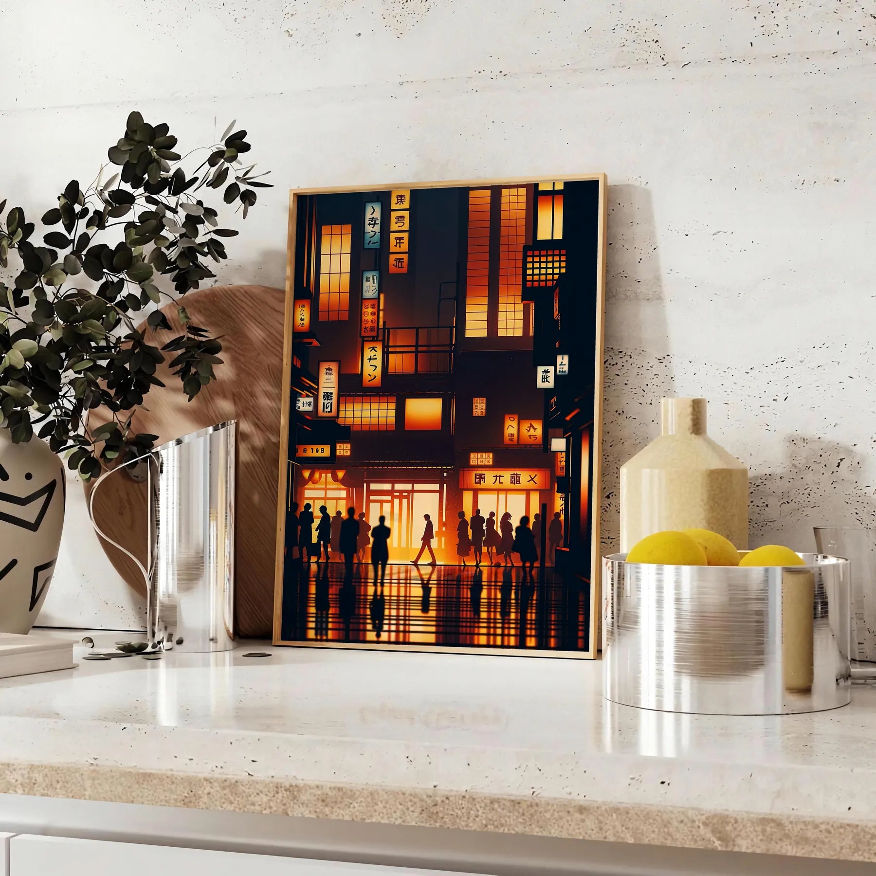 vibrant charm Japan city poster orange black hues wall art unique gift stunning artwork essence urban elegance unframed version captivating print today