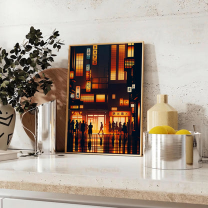 vibrant charm Japan city poster orange black hues wall art unique gift stunning artwork essence urban elegance unframed version captivating print today