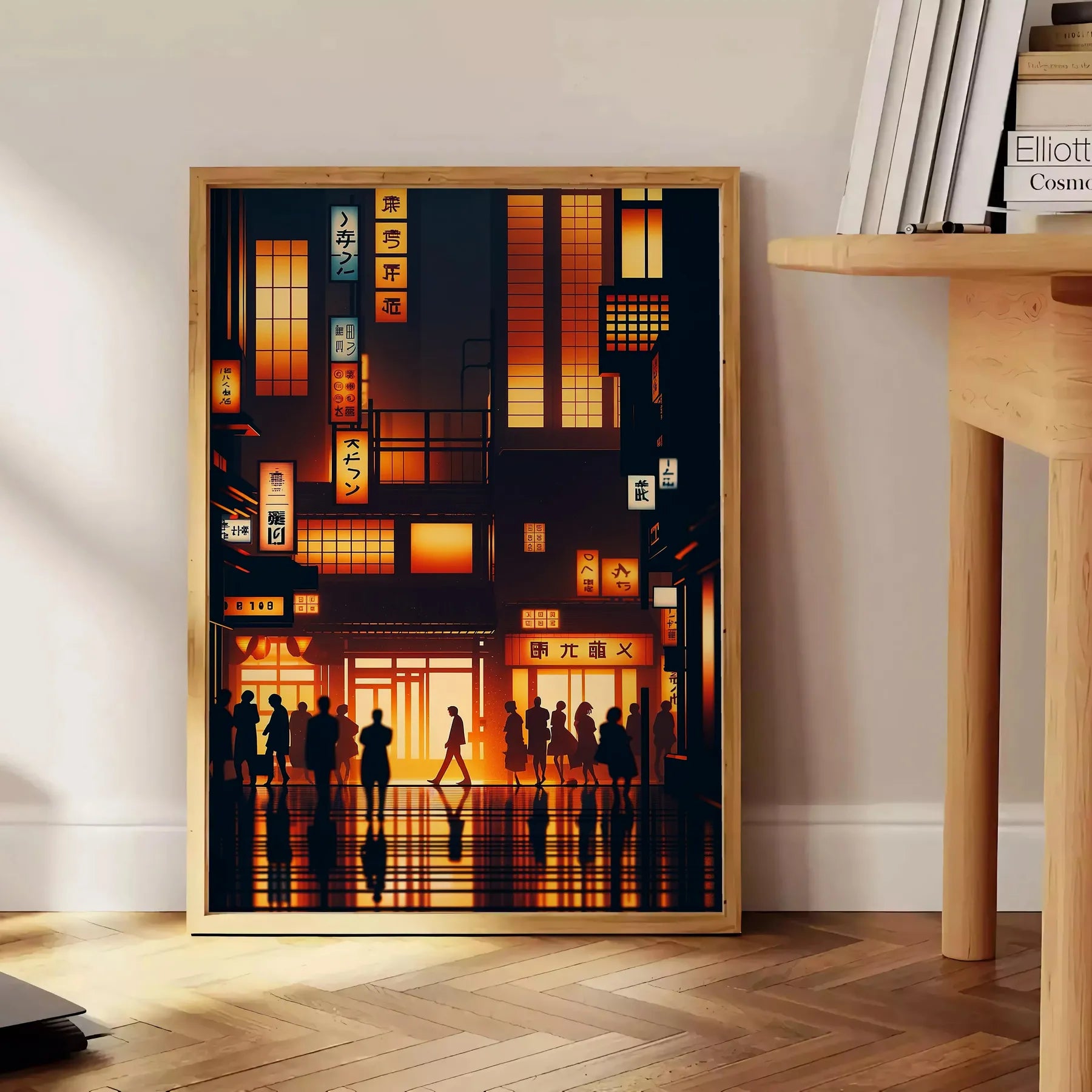 vibrant charm Japan city poster orange black hues wall art unique gift stunning artwork essence urban elegance unframed version captivating print today