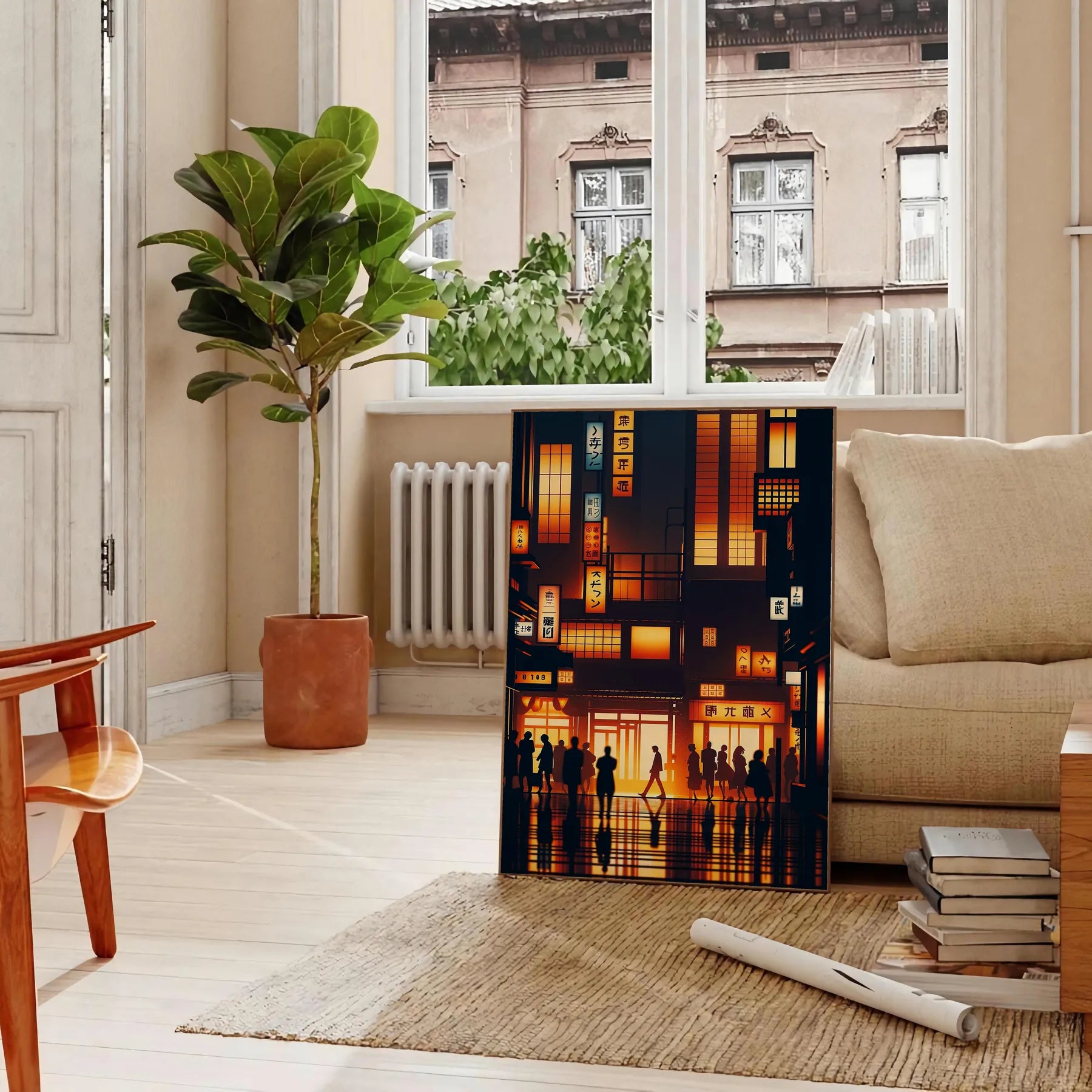vibrant charm Japan city poster orange black hues wall art unique gift stunning artwork essence urban elegance unframed version captivating print today