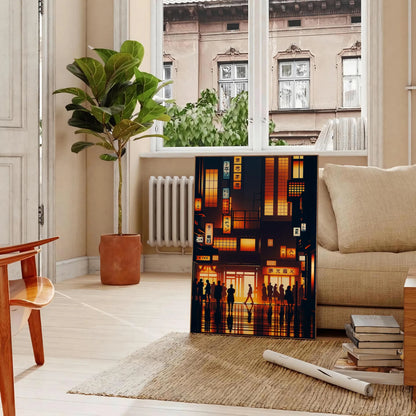 vibrant charm Japan city poster orange black hues wall art unique gift stunning artwork essence urban elegance unframed version captivating print today
