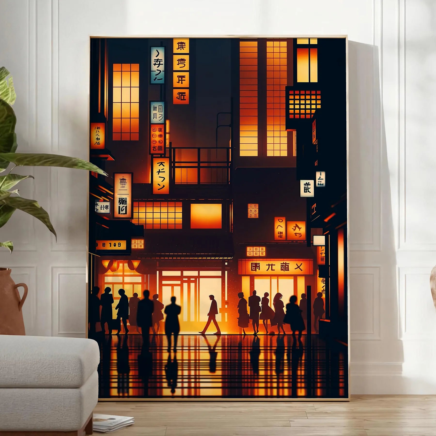 vibrant charm Japan city poster orange black hues wall art unique gift stunning artwork essence urban elegance unframed version captivating print today