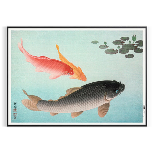 elegance vintage Japanese fish poster serene green blue hues wall art aficionados unique gift artwork tradition tranquility space dimensions A4 cm A0