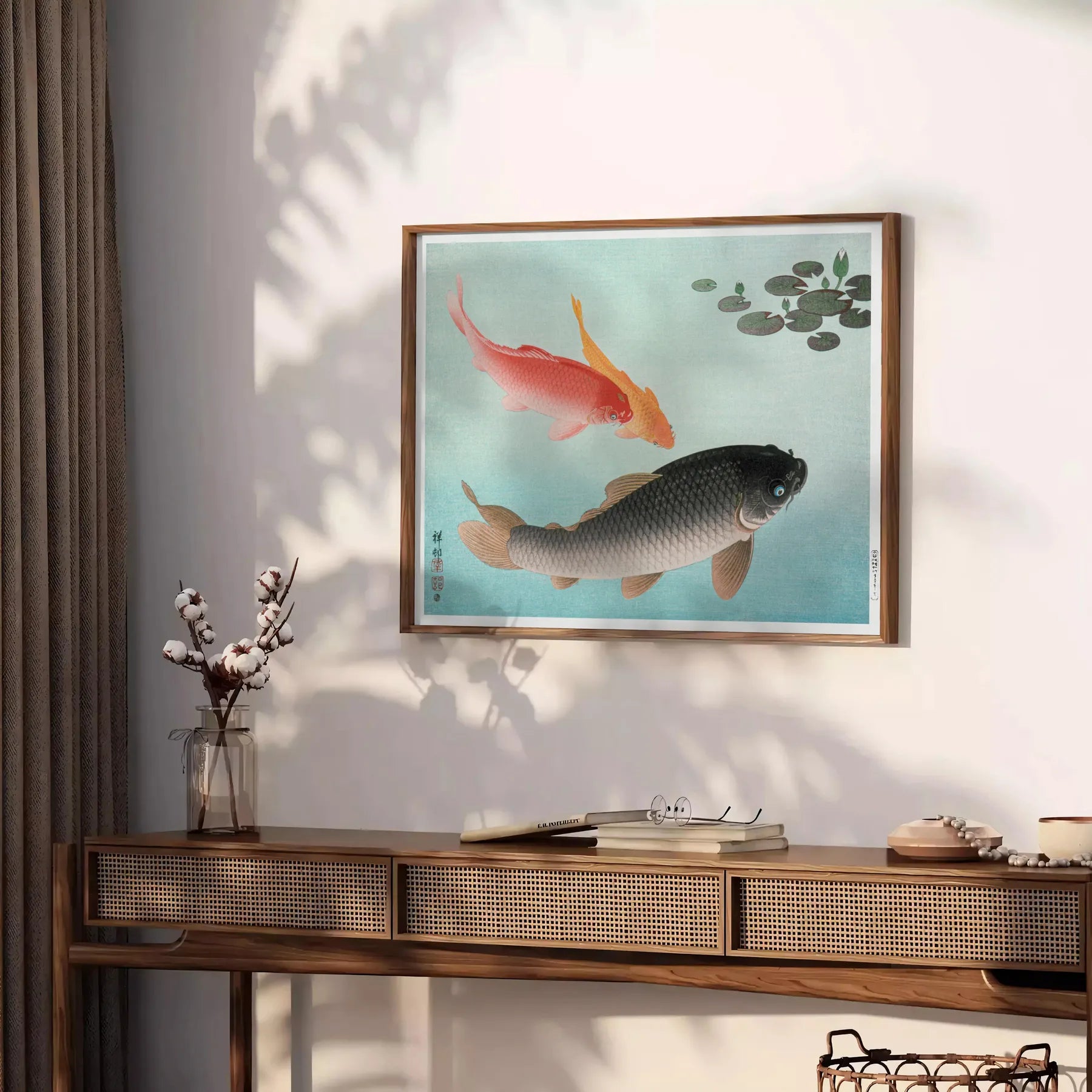 elegance vintage Japanese fish poster serene green blue hues wall art aficionados unique gift artwork tradition tranquility space dimensions A4 cm A0