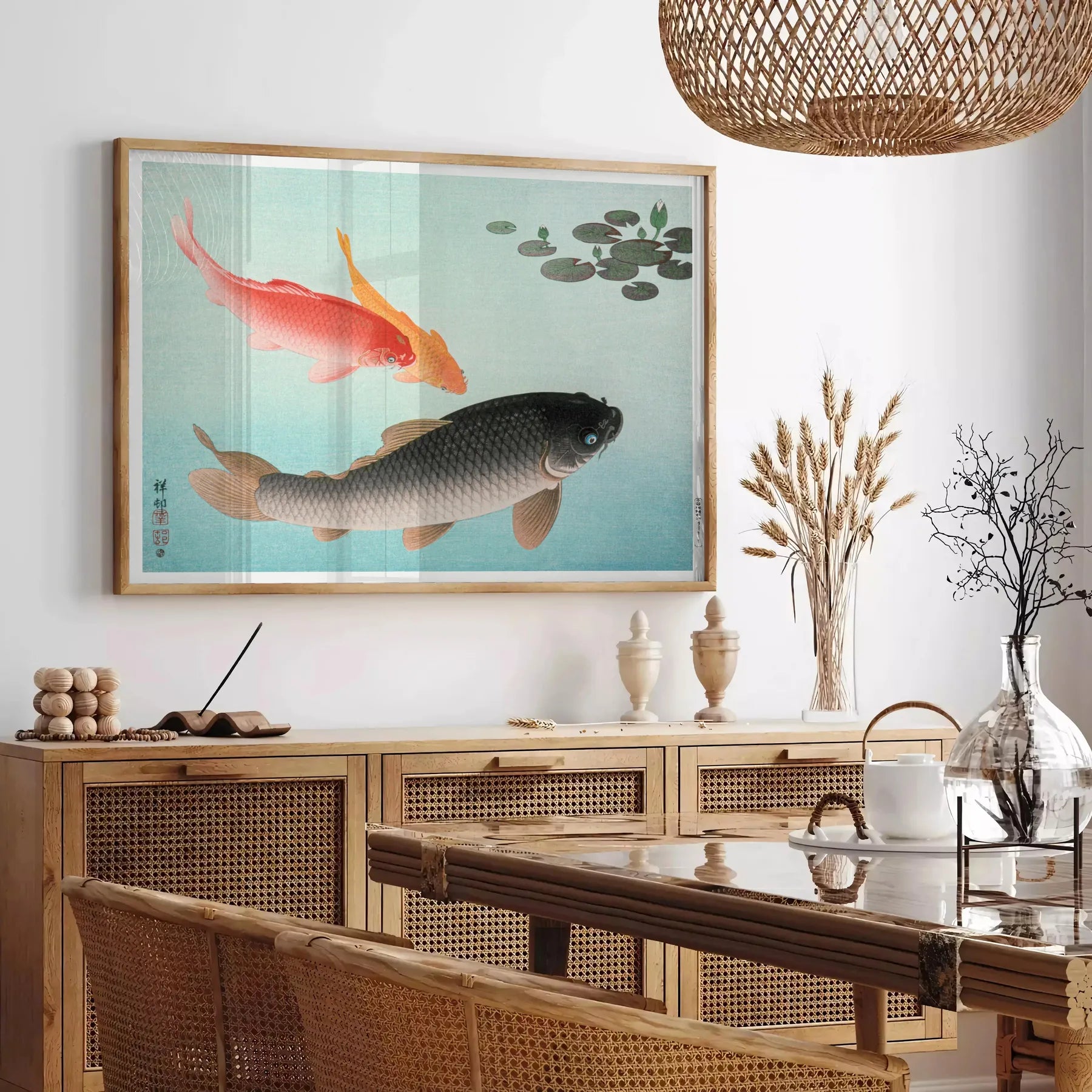 elegance vintage Japanese fish poster serene green blue hues wall art aficionados unique gift artwork tradition tranquility space dimensions A4 cm A0