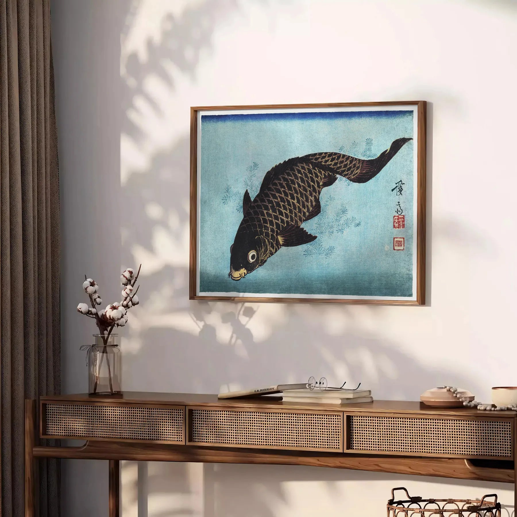 elegance vintage Japanese fish poster tranquil shades green blue captivating artwork perfect space thoughtful gift wall art collection various sizes A4 cm A0