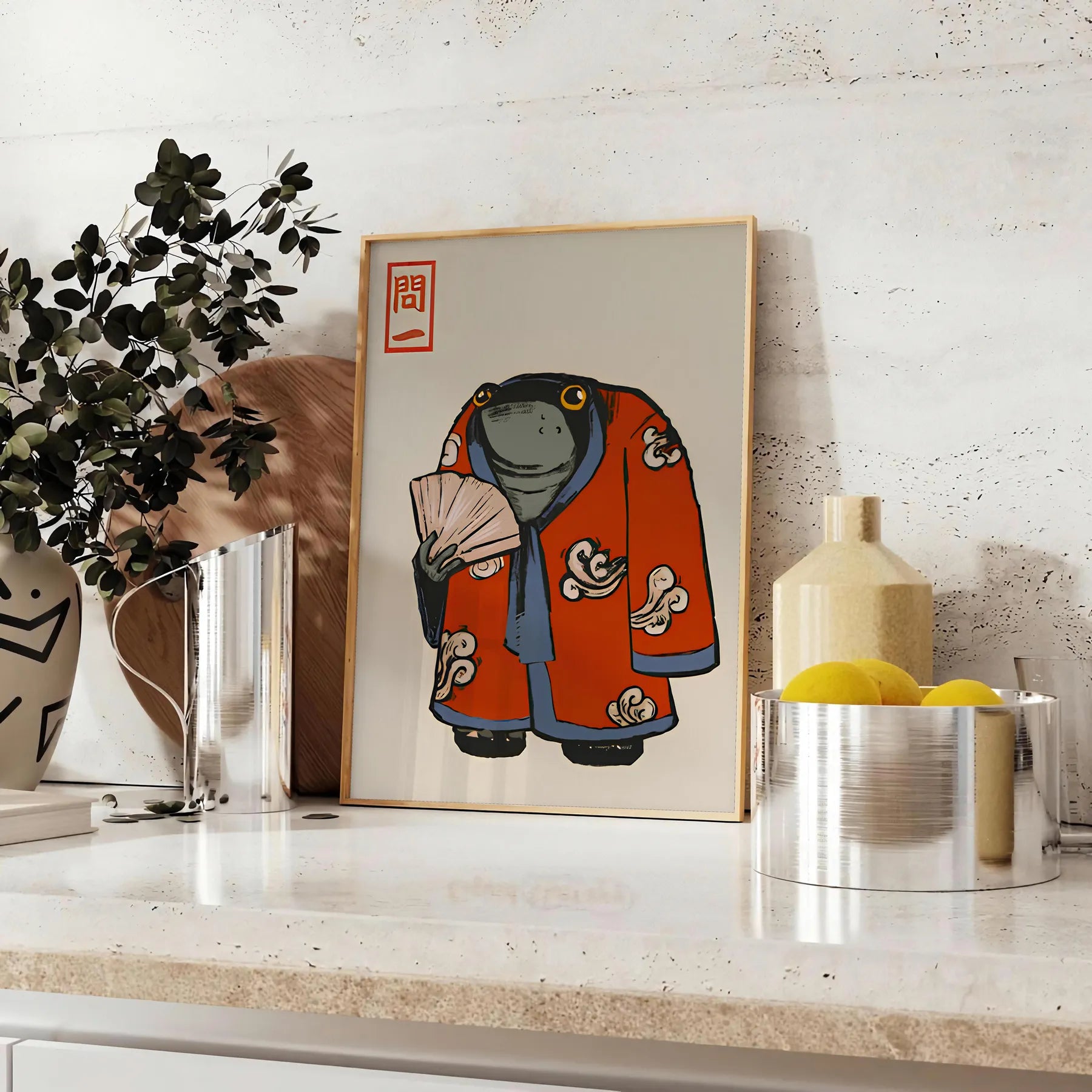 space stunning poster Matsumoto Hoji iconic red kimono rich black brown backdrop wall art thoughtful gift artwork touch Japanese elegance room unframed version today