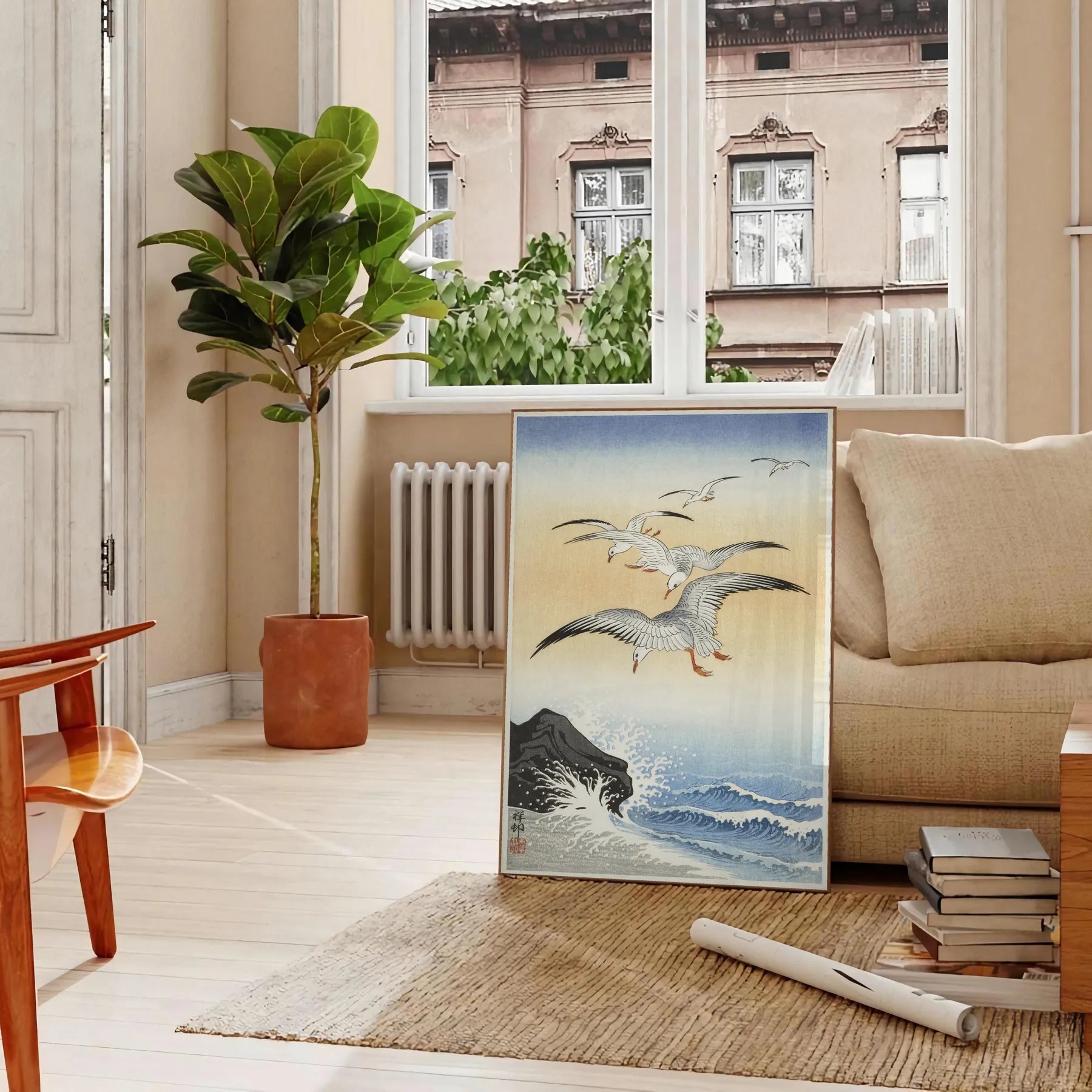 charm vintage bird Japanese poster green orange hues wall art thoughtful gift exquisite artwork touch elegance space unframed editions