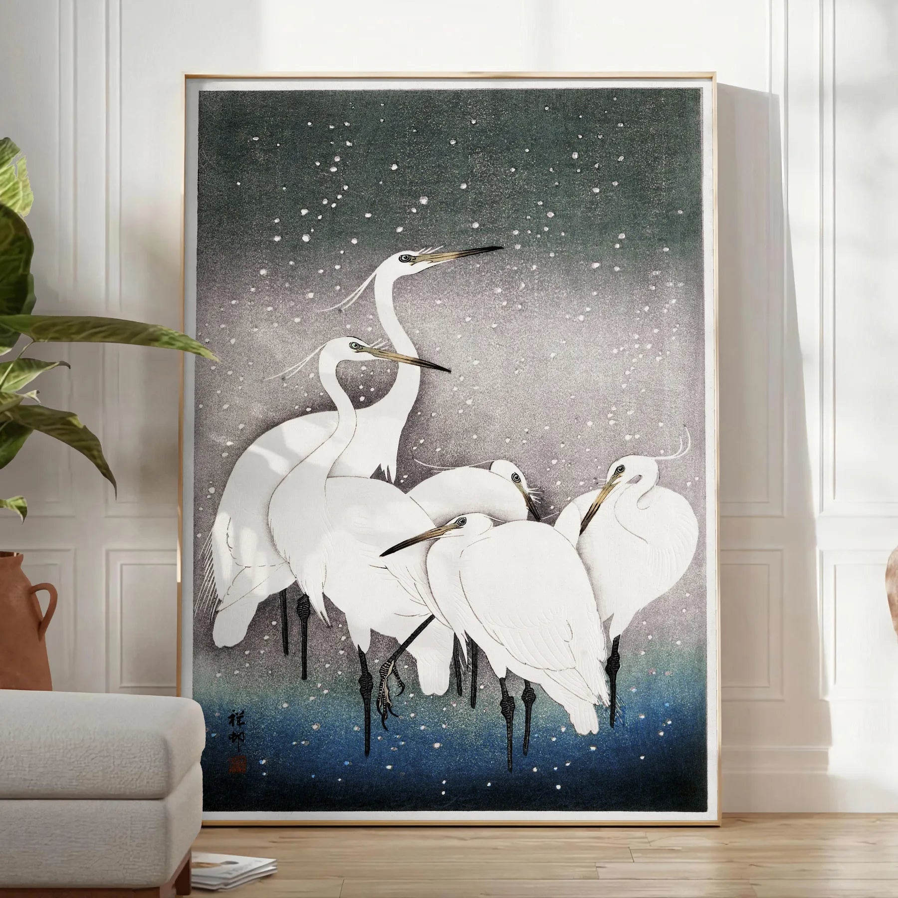 space captivating vintage bird poster Japanese art tranquil greens blues wall touch nature elegance indoors unique artwork thoughtful gift unframed options